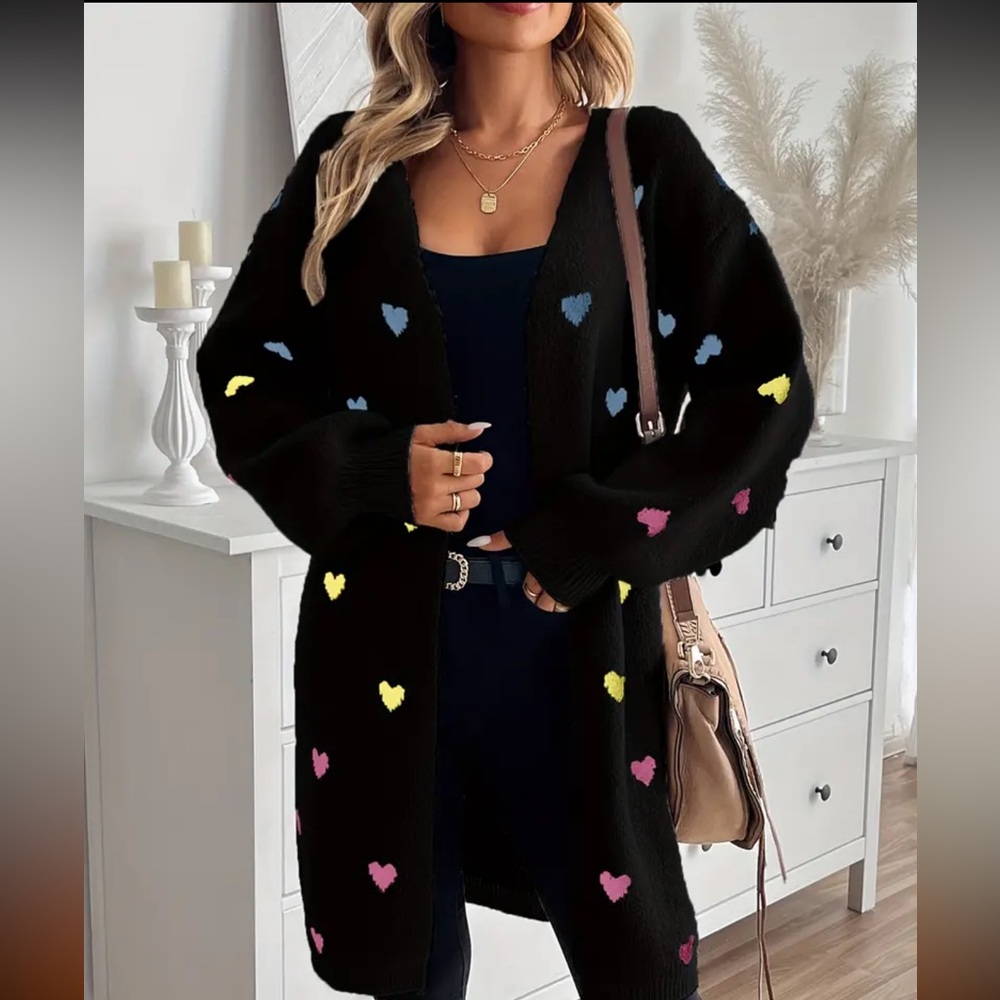 Multi Heart colored Cable Knit Sweater Cardigan